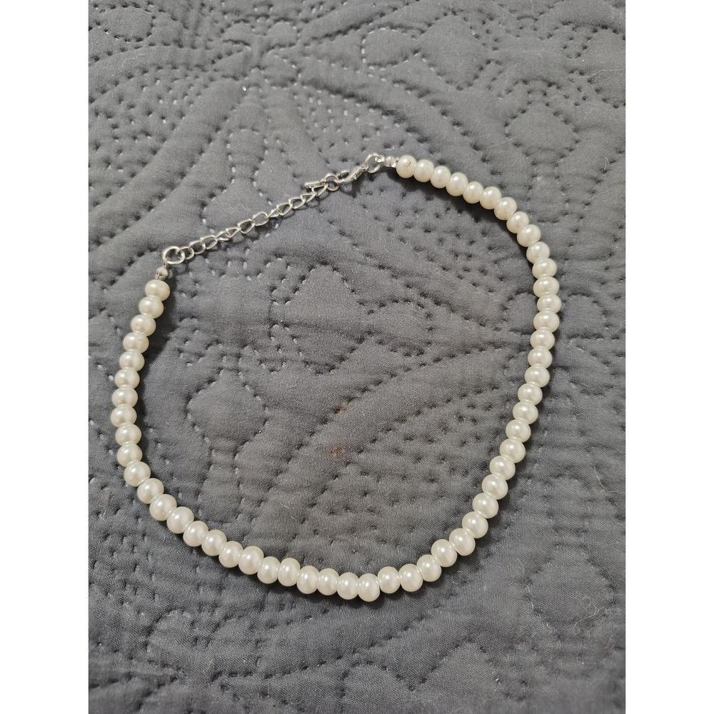 WFaux Pearl Bead Choker Necklace Silver Tone Adjustable Extender Chain 14-16in
